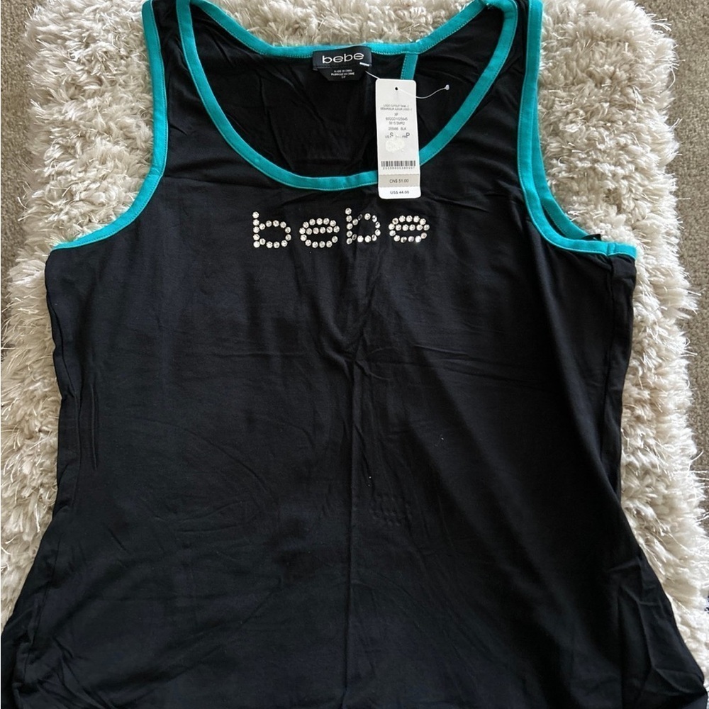 Bebe Black Top with Teal Accents and Rhinestone Logo - Picture 2 of 9